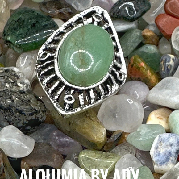 Adjustable Victorian Celtic cocktail vintage silver gem ring Aventurine - Picture 1 of 5